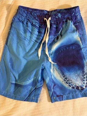 Kids Blue Shark-Print Swim Trunks with Drawstring
